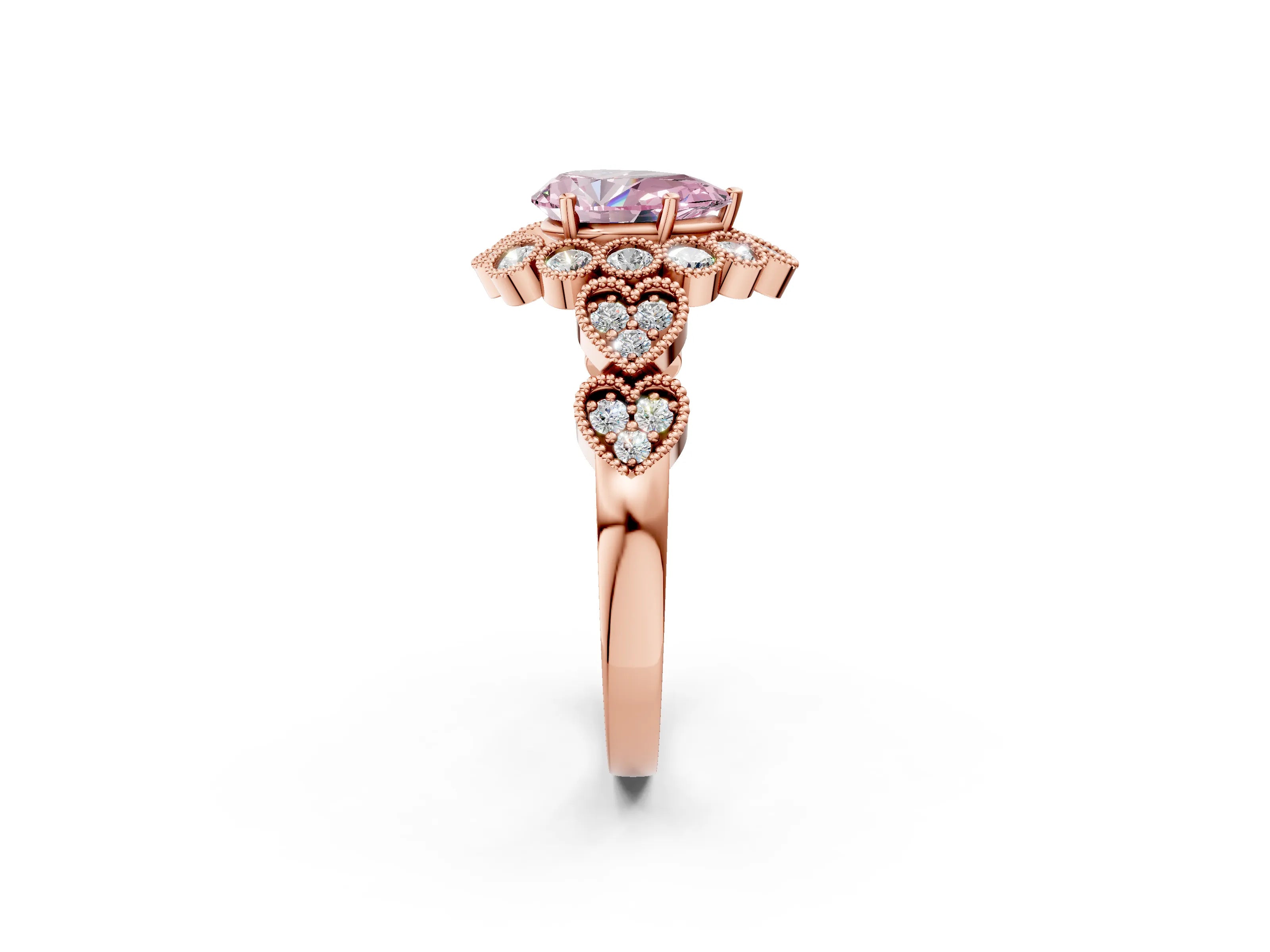 Rose gold Fancy Pink Pear Cut Brilliant Milgrain Pave Heart Band Solitaire Ring_2
