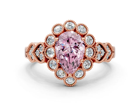Rose gold Fancy Pink Pear Cut Brilliant Milgrain Pave Heart Band Solitaire Ring