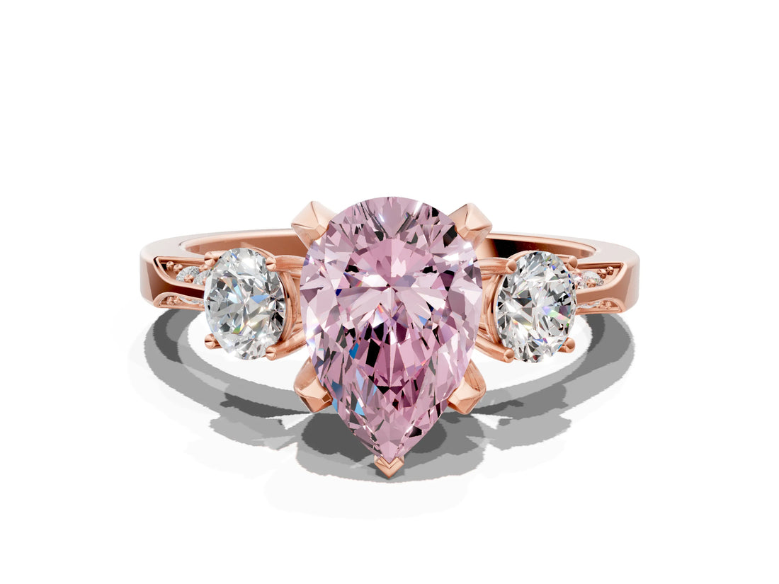 Rose gold Fancy Pink Pear Cut Brilliant Three-Stone Diamond Ring with Pavé Band and Four-Prong Setting_15