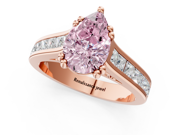 Rose Gold Pear-Shaped Channel Set Solitaire Engagement Ring Setting for Fancy Pink Center with Double Claw Prongs