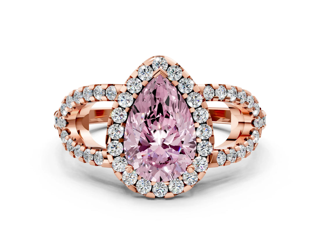Rose gold Fancy Pink Pear Cut Cut Diamond Halo Engagement Ring with Open Split Pavé Band