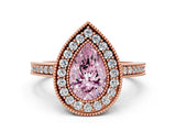 Rose gold Fancy Pink Pear Cut-Cut Diamond Halo Engagement Ring with Pave Band and Prong Setting