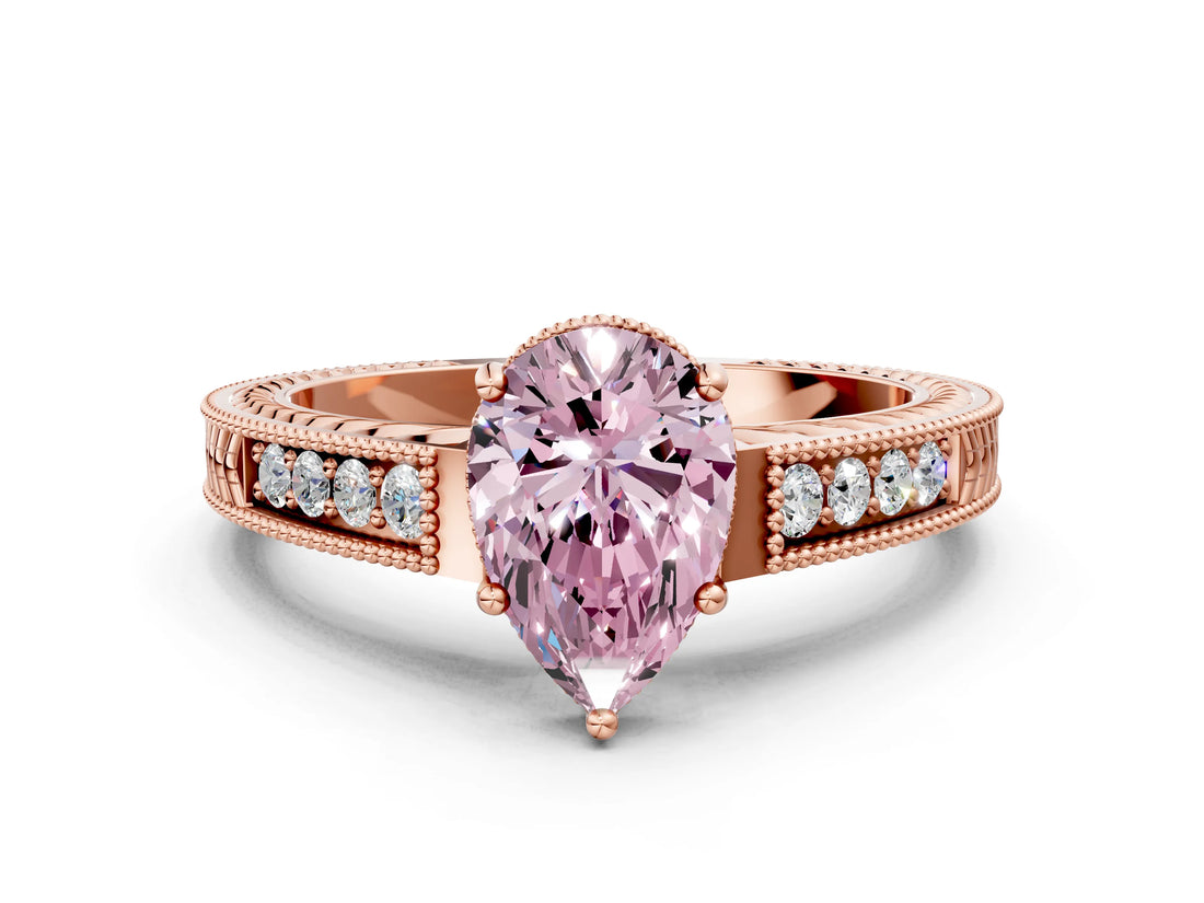 Rose gold Fancy Pink Pear Cut Cut Diamond Milgrain Pave Band Four-Prong Setting Ring_3