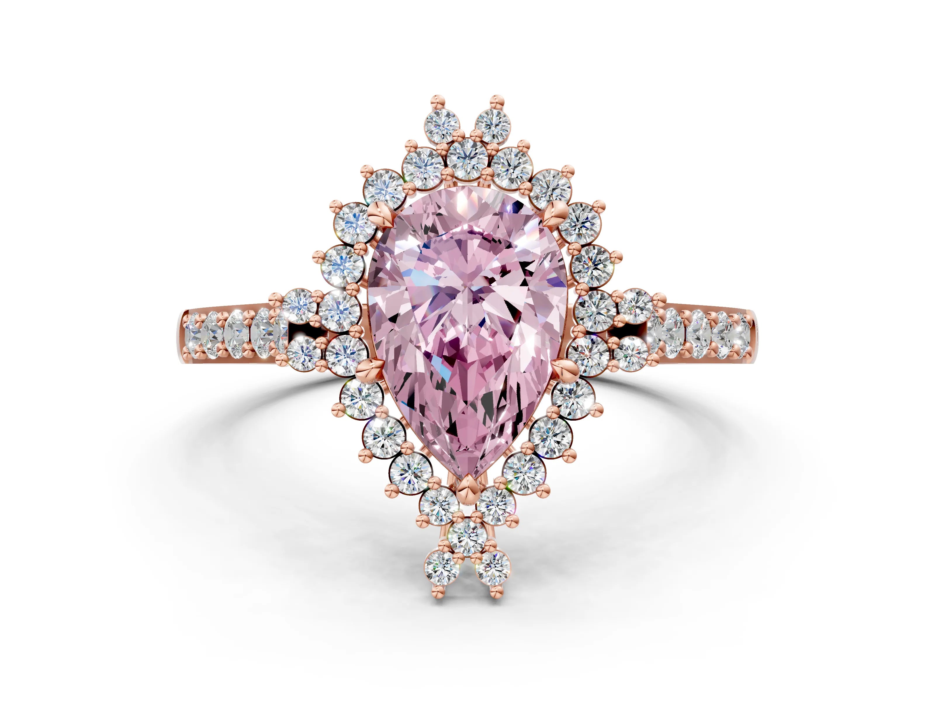 Rose gold Fancy Pink Pear Cut Cut Diamond Sunburst Halo Engagement Ring with Pavé Band
