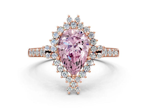 Rose gold Fancy Pink Pear Cut Cut Diamond Sunburst Halo Engagement Ring with Pavé Band