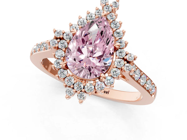 Rose gold Fancy Pink Pear Cut Cut Diamond Sunburst Halo Engagement Ring with Pavé Band