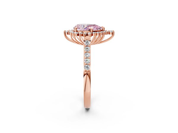 Rose gold Fancy Pink Pear Cut Cut Diamond Sunburst Halo Engagement Ring with Pavé Band