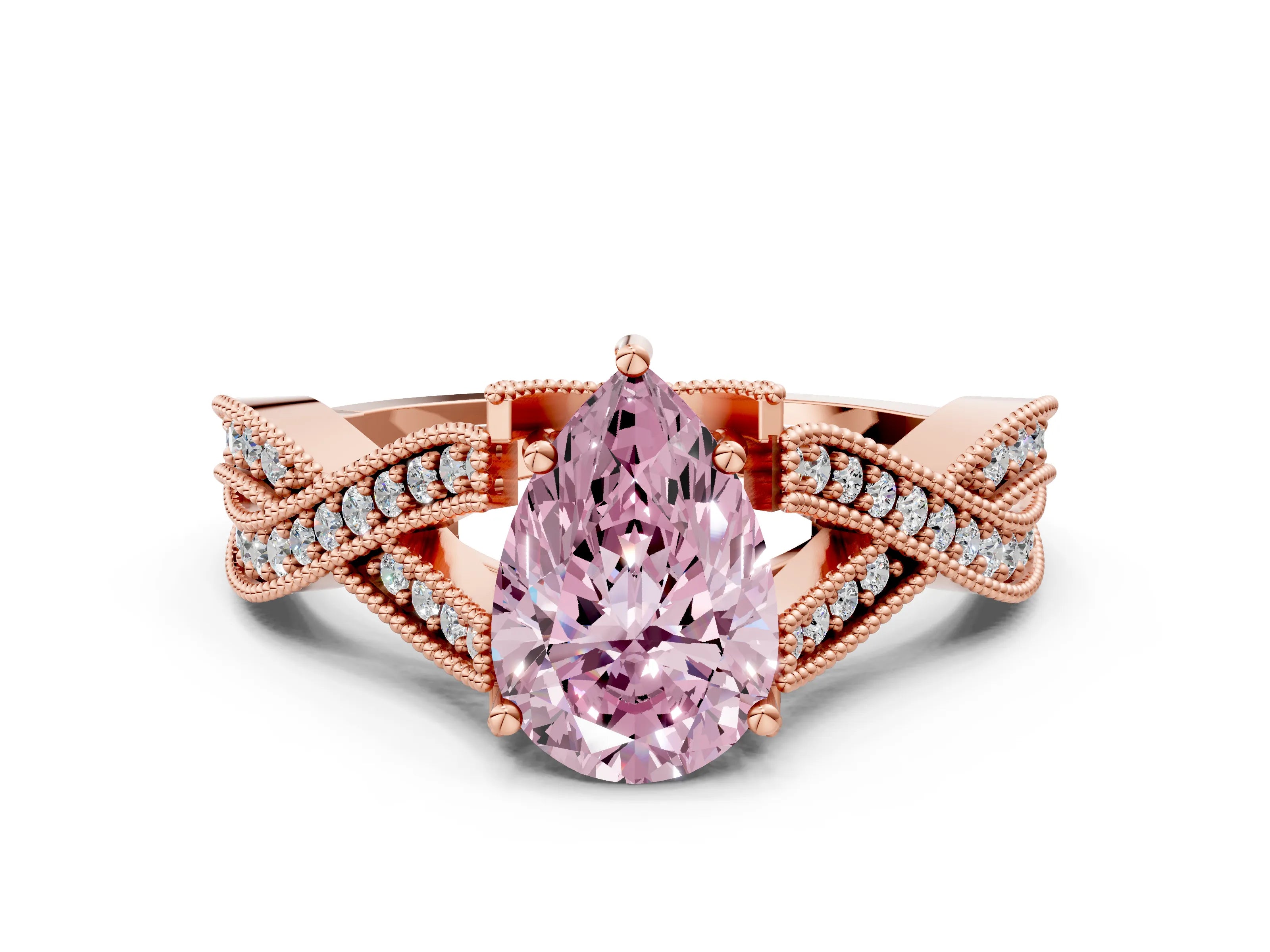 Rose gold Fancy Pink Pear Cut Cut Diamond Twisted Band with Milgrain Pave Setting and Four-Prong Setting