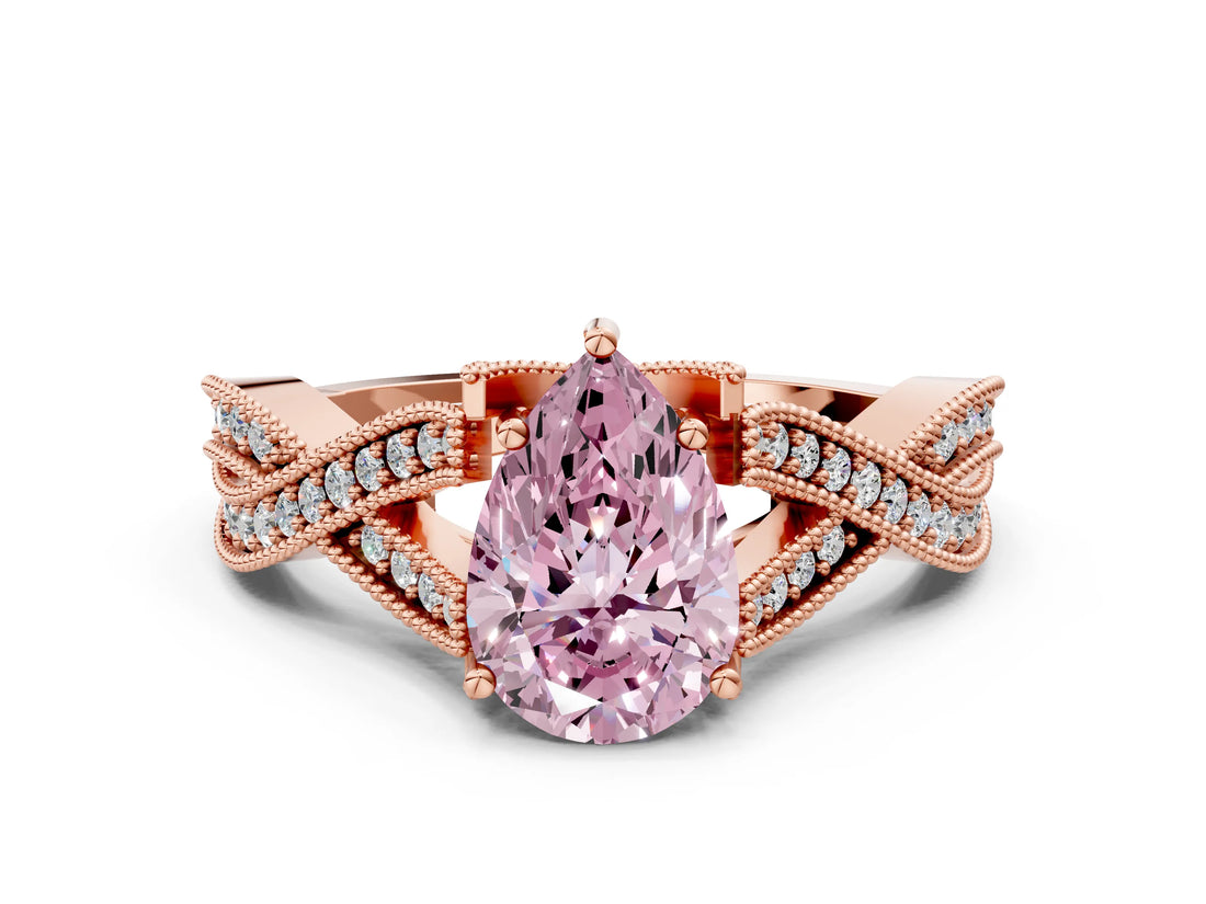 Rose gold Fancy Pink Pear Cut Cut Diamond Twisted Band with Milgrain Pave Setting and Four-Prong Setting