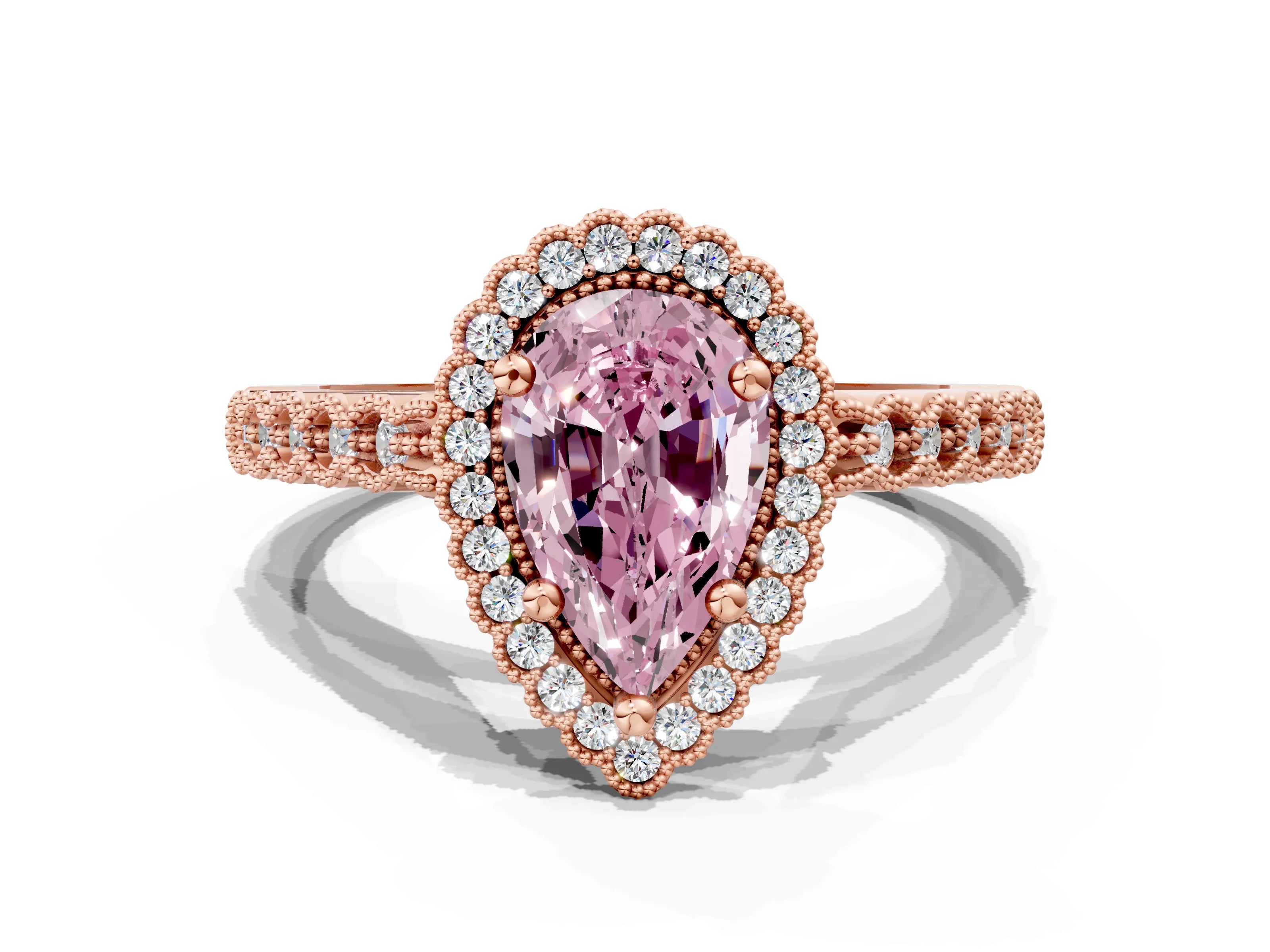 Rose gold Fancy Pink Pear Cut Cut Halo Pavé Solitaire Ring with Milgrain Band