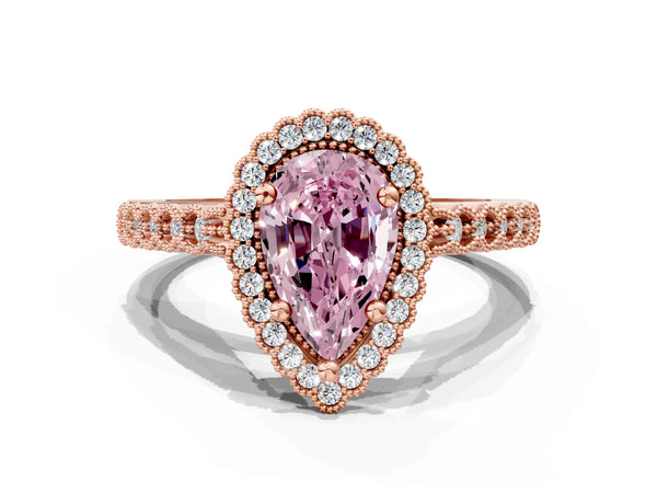 Rose gold Fancy Pink Pear Cut Cut Halo Pavé Solitaire Ring with Milgrain Band