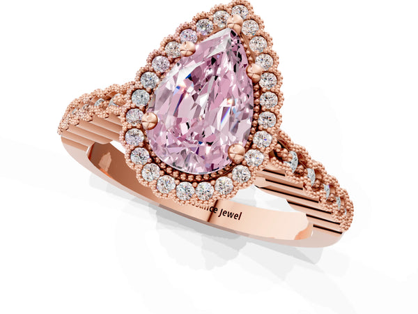 Rose gold Fancy Pink Pear Cut Cut Halo Pavé Solitaire Ring with Milgrain Band