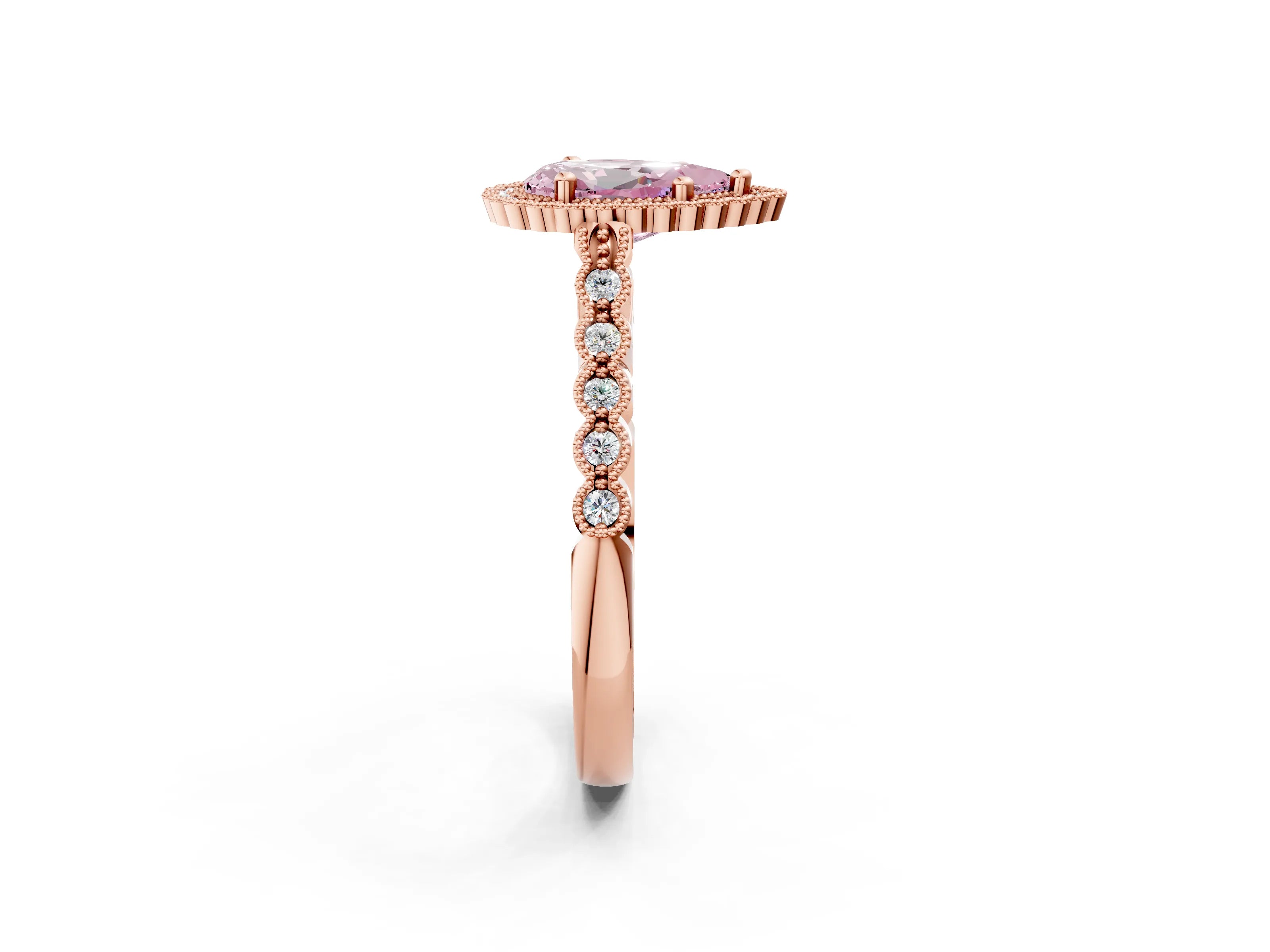 Rose gold Fancy Pink Pear Cut Cut Halo Pavé Solitaire Ring with Milgrain Band_2