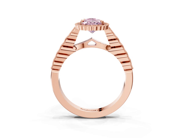 Rose gold Fancy Pink Pear Cut Cut Halo Pavé Solitaire Ring with Milgrain Band