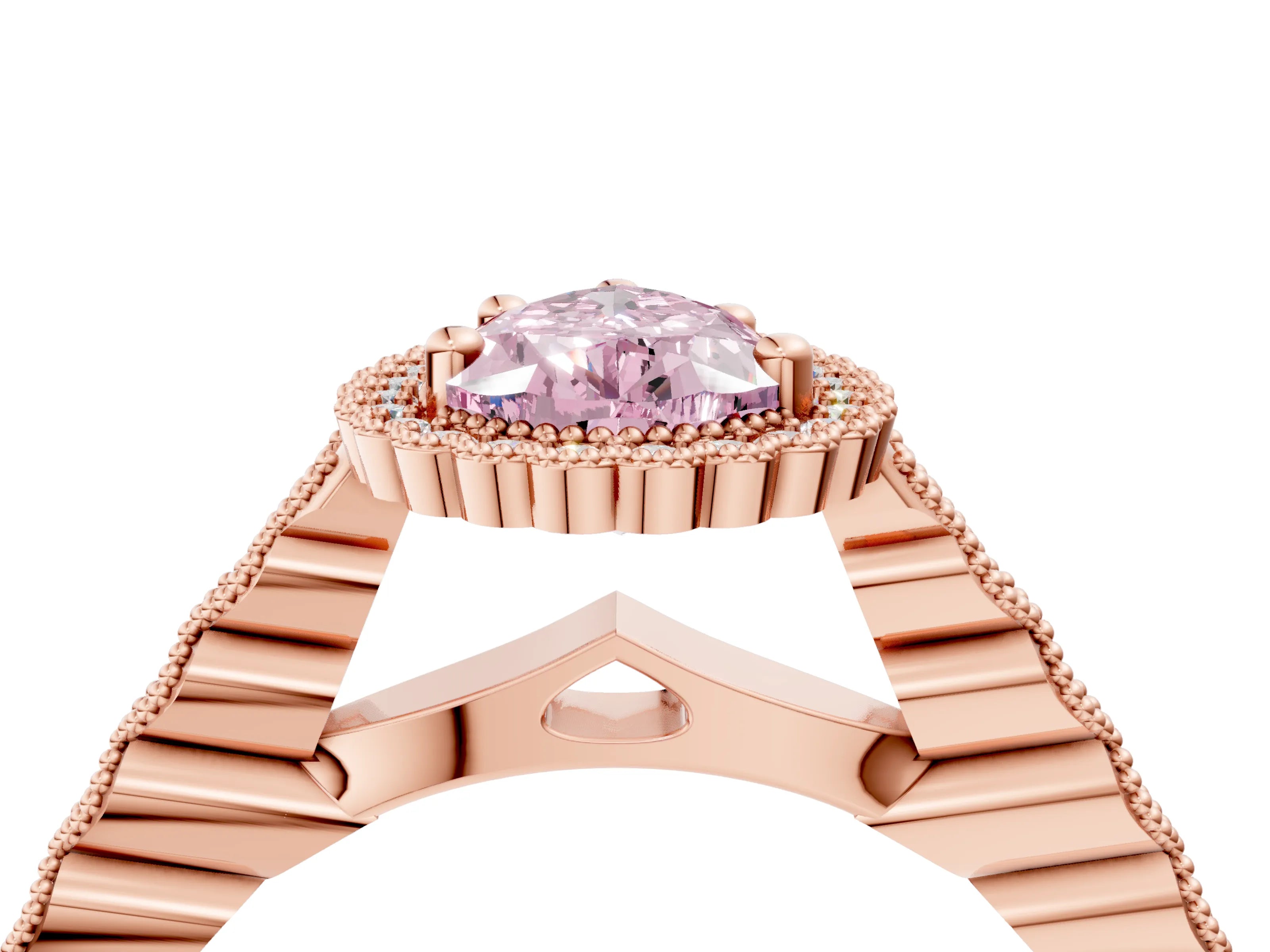 Rose gold Fancy Pink Pear Cut Cut Halo Pavé Solitaire Ring with Milgrain Band_4