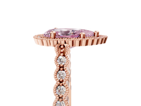 Rose gold Fancy Pink Pear Cut Cut Halo Pavé Solitaire Ring with Milgrain Band_5