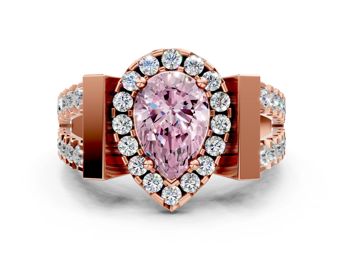 Rose gold Fancy Pink Pear Cut Cut Halo Split Shank Prong Set Ring
