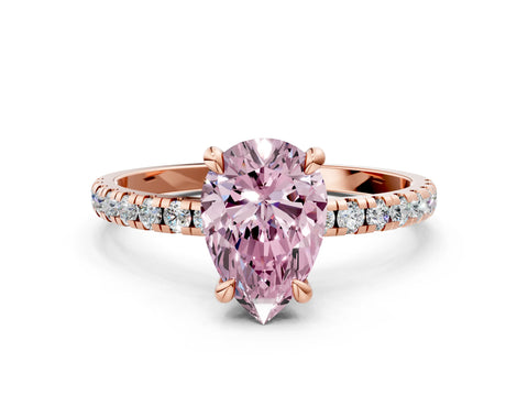Rose gold Fancy Pink Pear Cut Diamond Brilliant Solitaire Ring with Pavé Band and Four-Prong Setting