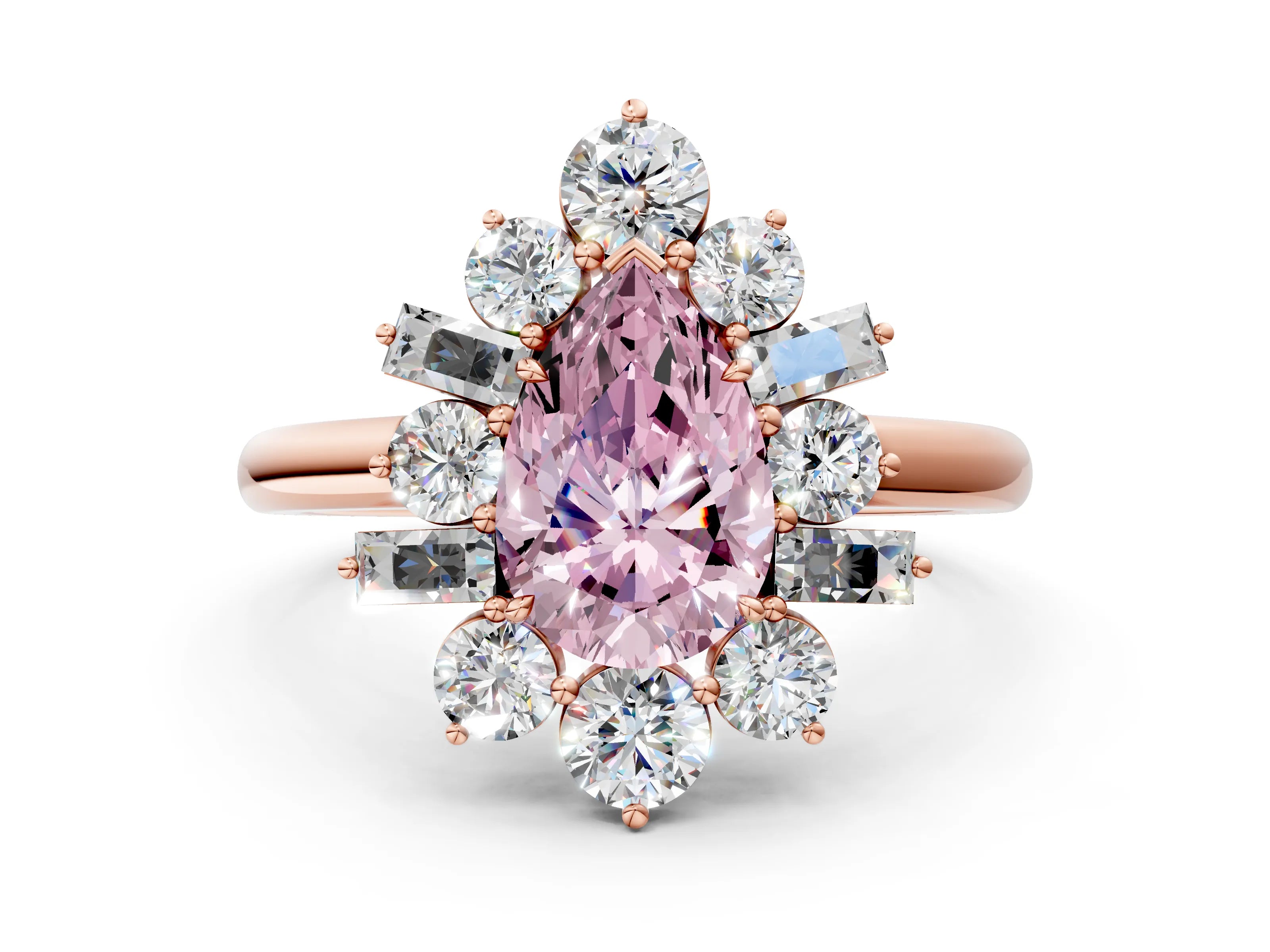 Rose gold Fancy Pink Pear Cut Diamond Cluster Ring with Round and Baguette Stones, Split Shank Band, Prong Setting