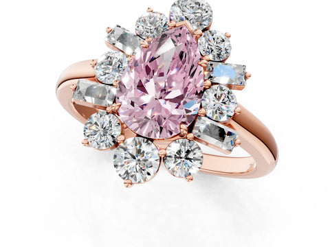 Rose gold Fancy Pink Pear Cut Diamond Cluster Ring with Round and Baguette Stones, Split Shank Band, Prong Setting_1