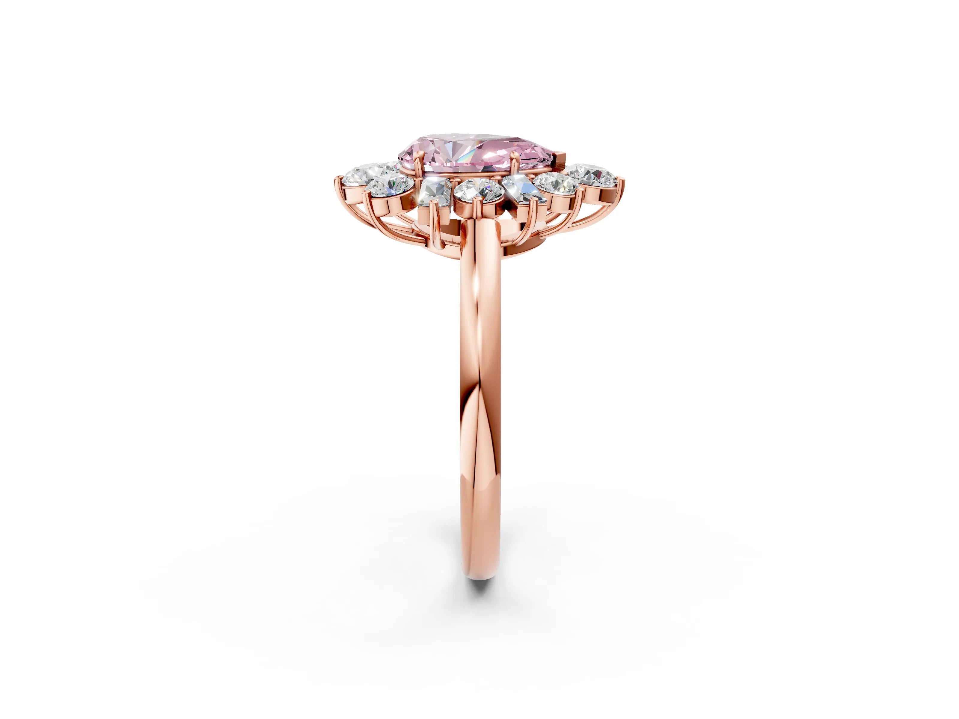 Rose gold Fancy Pink Pear Cut Diamond Cluster Ring with Round and Baguette Stones, Split Shank Band, Prong Setting_2
