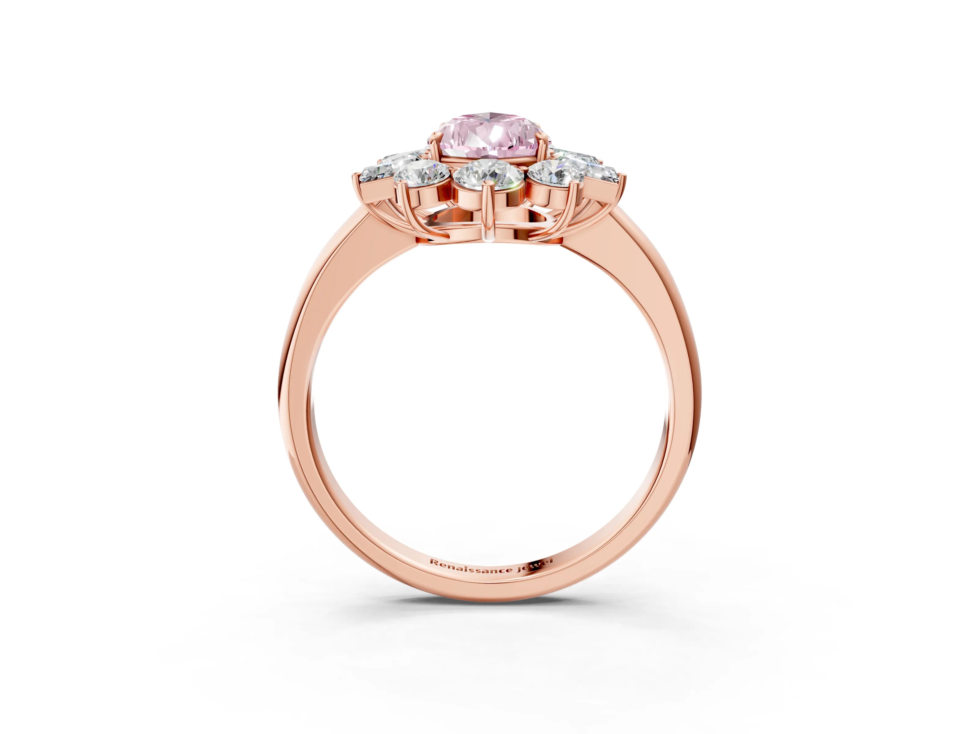 Rose gold Fancy Pink Pear Cut Diamond Cluster Ring with Round and Baguette Stones, Split Shank Band, Prong Setting_3