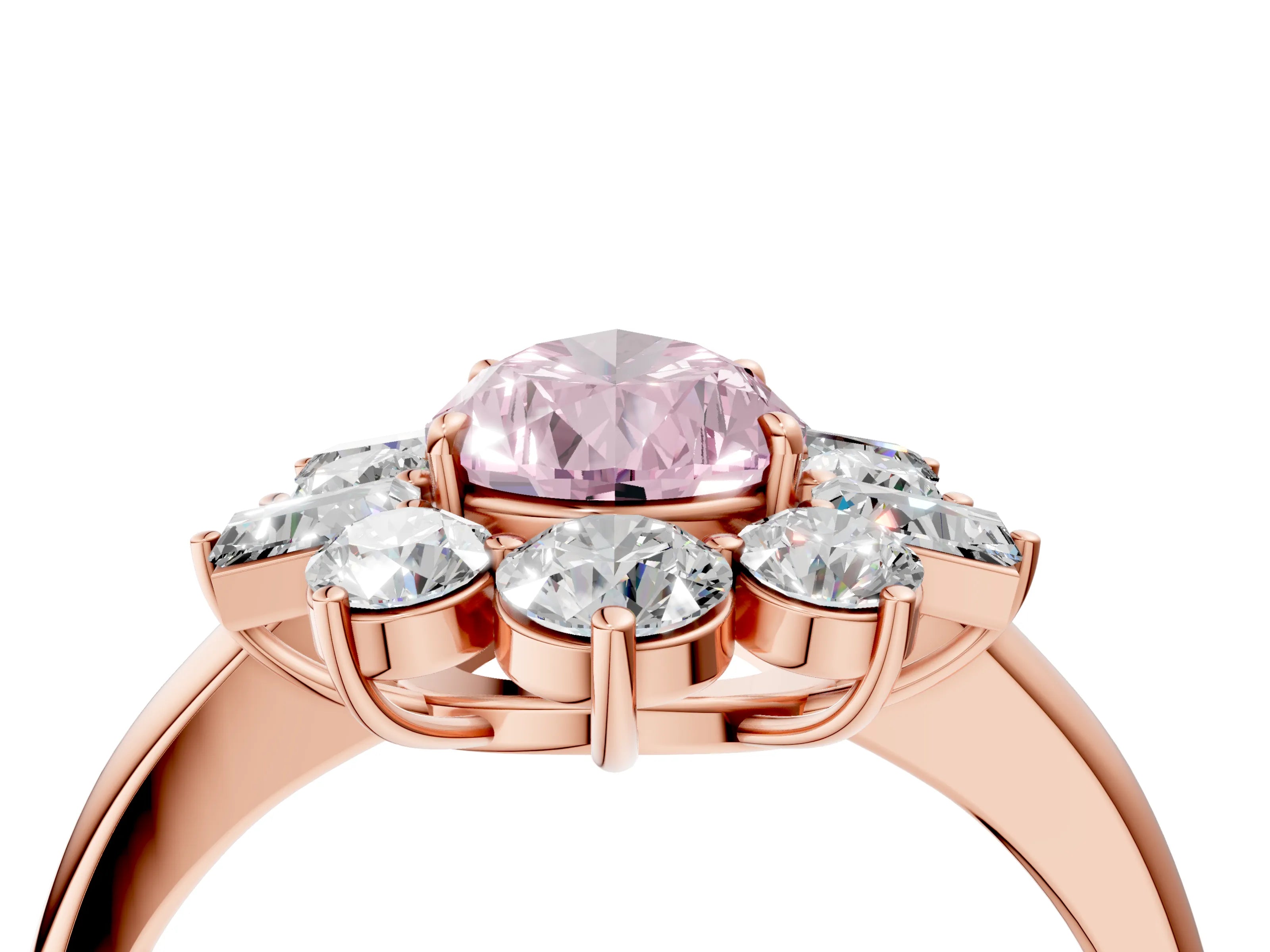 Rose gold Fancy Pink Pear Cut Diamond Cluster Ring with Round and Baguette Stones, Split Shank Band, Prong Setting_4