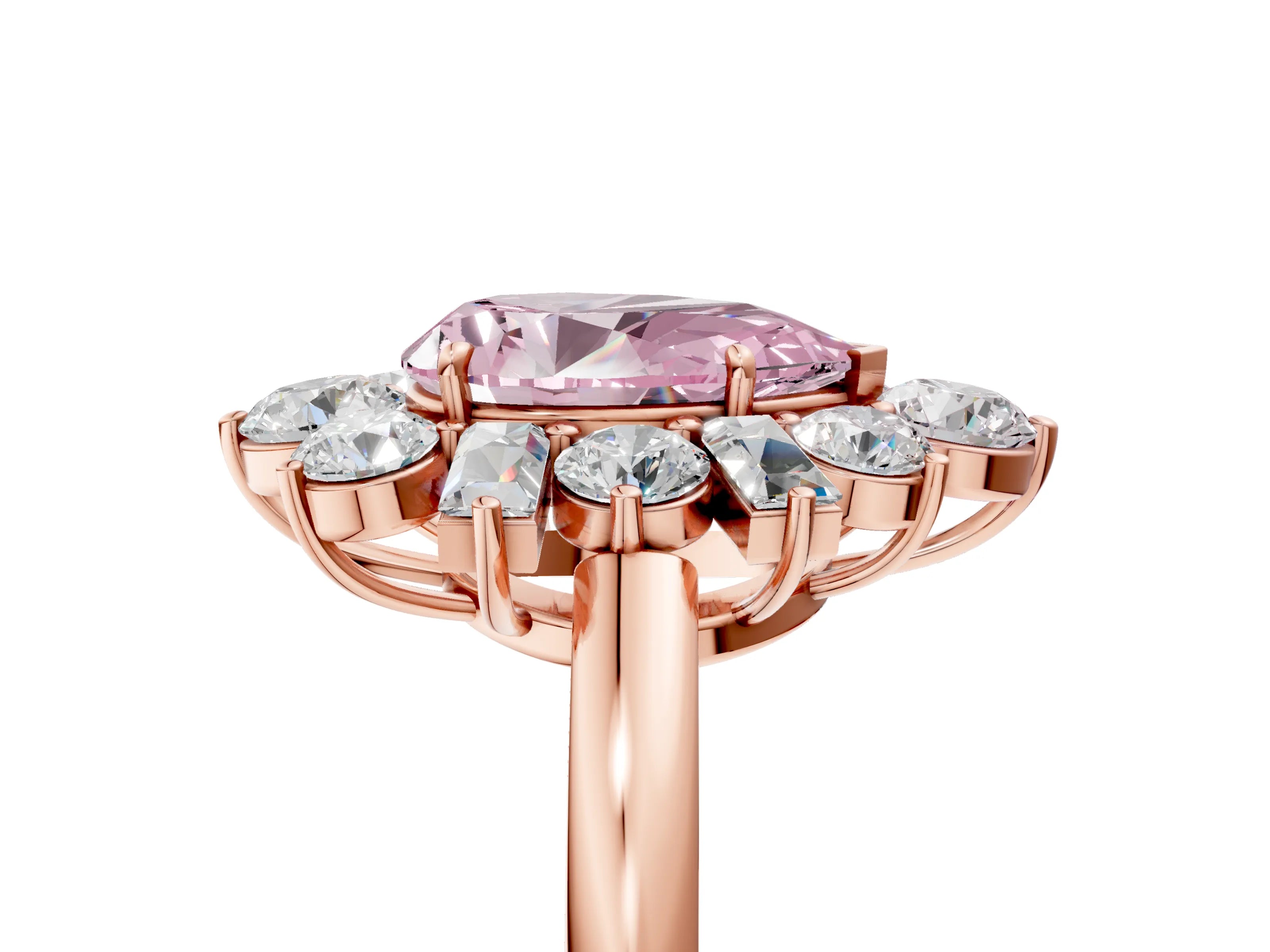 Rose gold Fancy Pink Pear Cut Diamond Cluster Ring with Round and Baguette Stones, Split Shank Band, Prong Setting_5