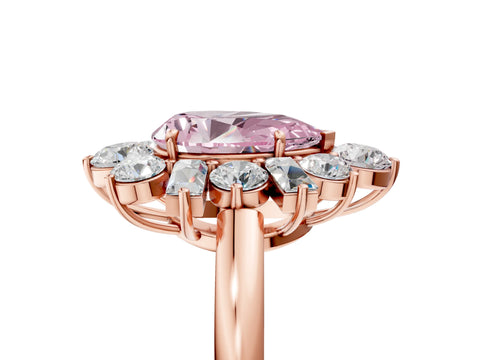 Rose gold Fancy Pink Pear Cut Diamond Cluster Ring with Round and Baguette Stones, Split Shank Band, Prong Setting_5