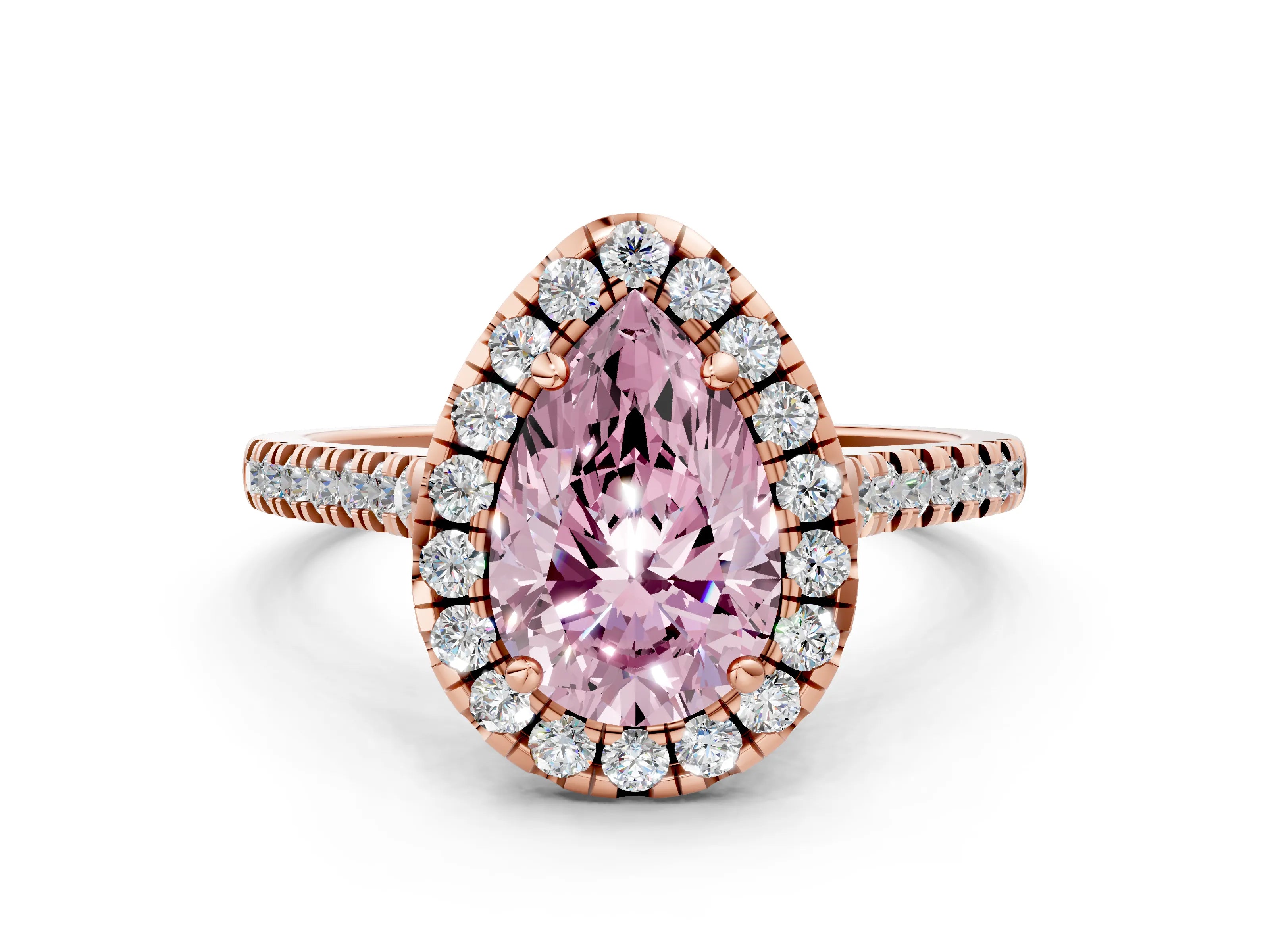 Rose gold Fancy Pink Pear Cut Diamond Cushion Halo Ring with Pavé Band