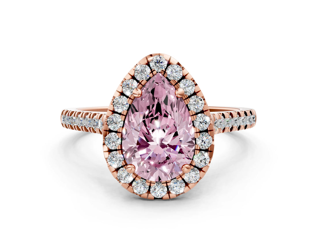 Rose gold Fancy Pink Pear Cut Diamond Cushion Halo Ring with Pavé Band