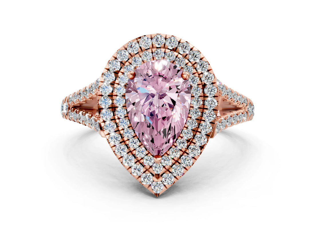 Rose gold Fancy Pink Pear Cut Diamond Double Halo Ring with Pavé Band and Prong Setting_109