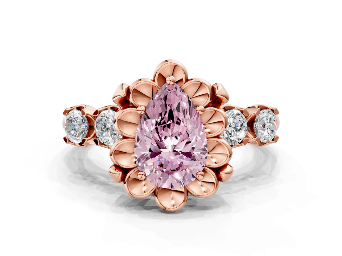 Rose gold Fancy Pink Pear  Cut Diamond Floral Halo Engagement Ring with Shared Prong Setting 2