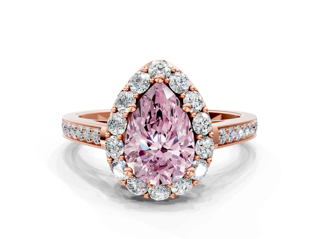 Rose gold Fancy Pink Pear Cut Diamond Floral Halo Ring with Pavé Band and Prong Setting_3