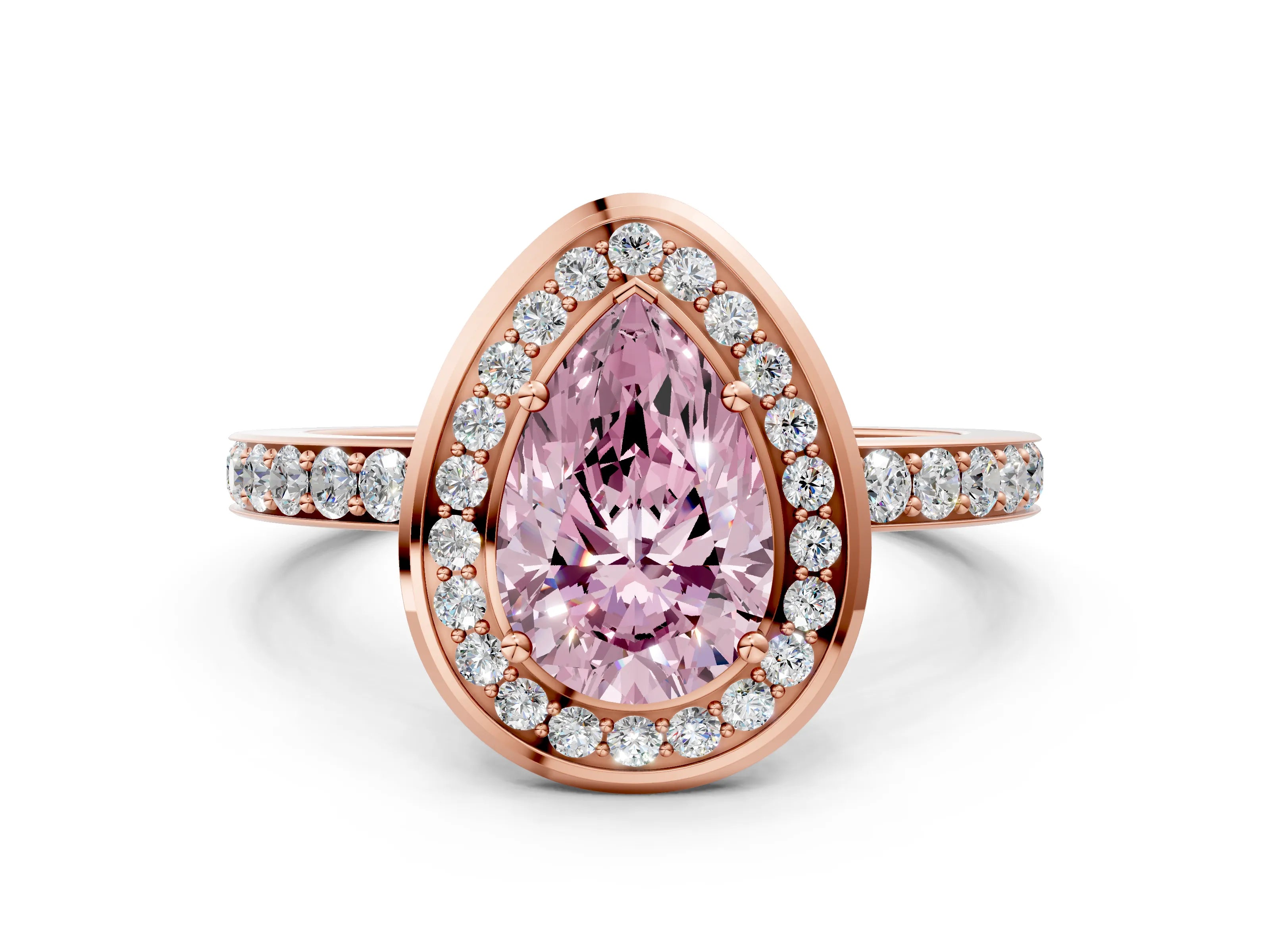Rose gold Fancy Pink Pear Cut Diamond Halo Ring with Bezel Frame and Pavé Band