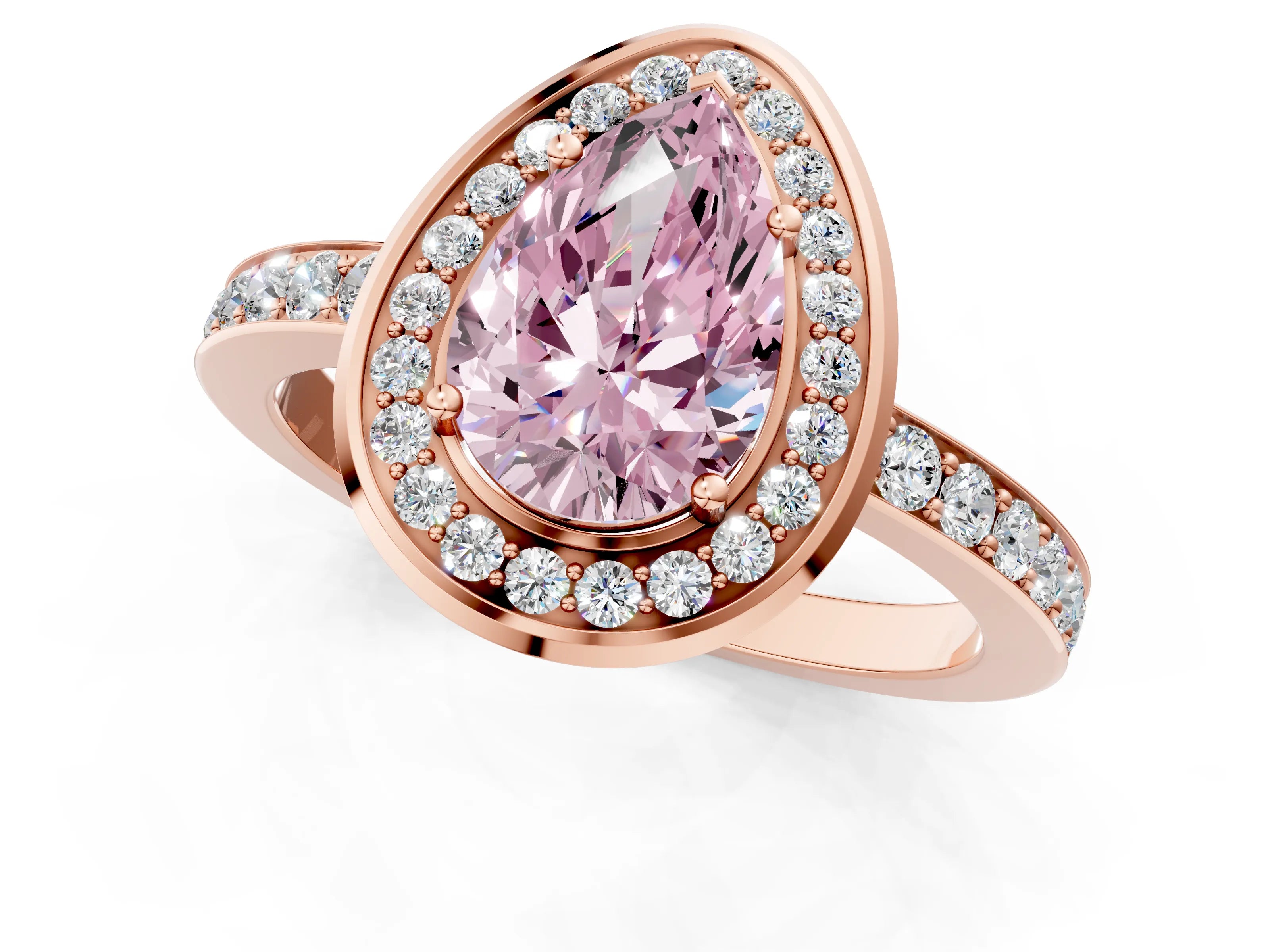 Rose gold Fancy Pink Pear Cut Diamond Halo Ring with Bezel Frame and Pavé Band_1