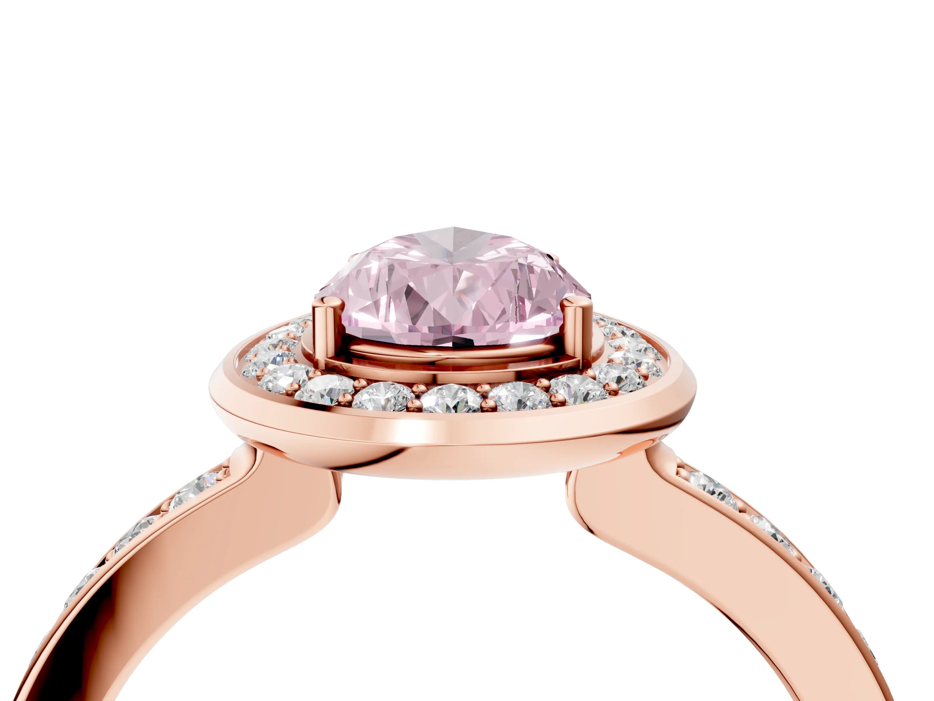Rose gold Fancy Pink Pear Cut Diamond Halo Ring with Bezel Frame and Pavé Band_4