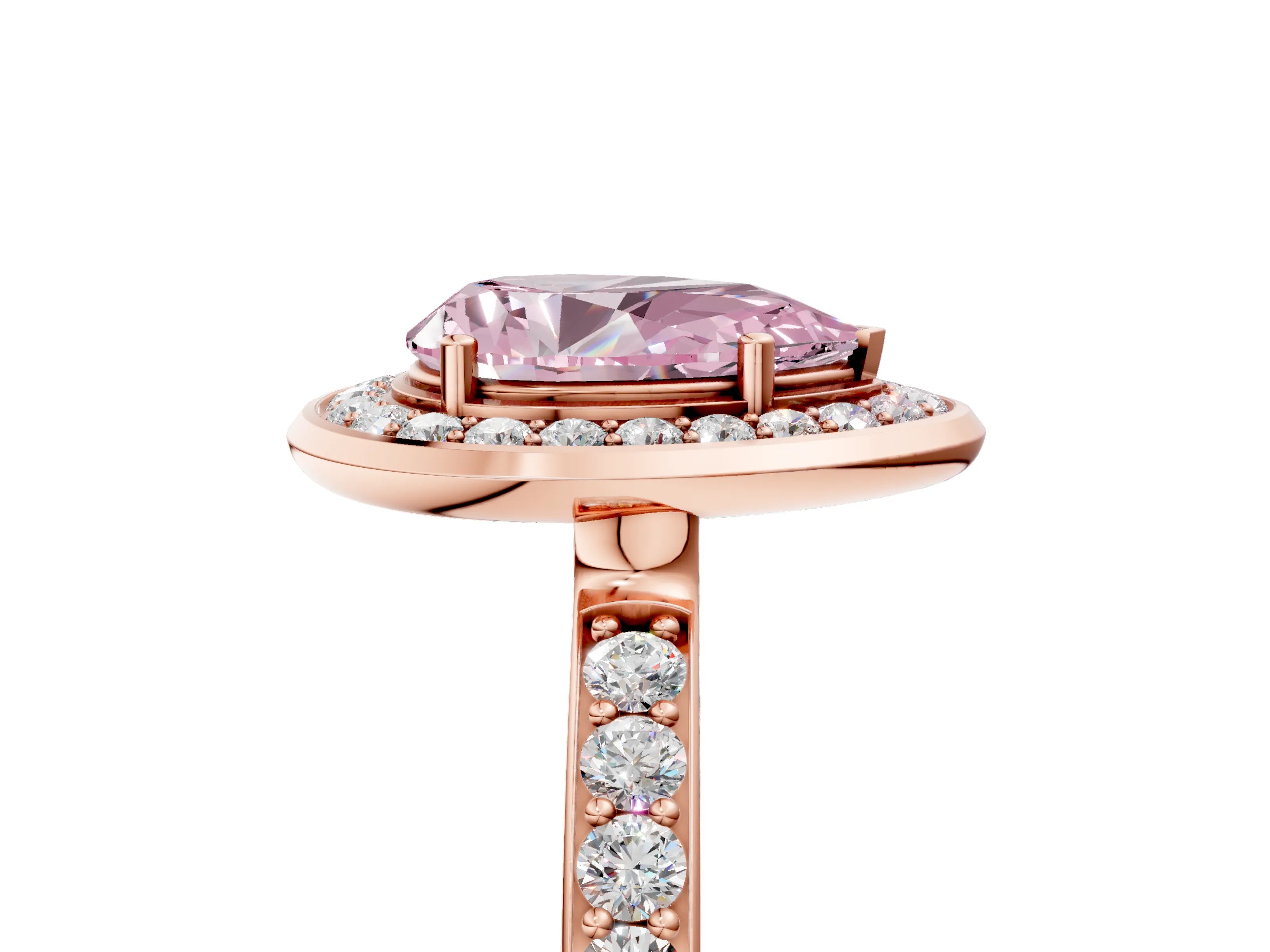 Rose gold Fancy Pink Pear Cut Diamond Halo Ring with Bezel Frame and Pavé Band_5