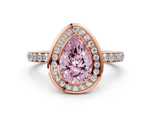 Rose gold Fancy Pink Pear Cut Diamond Halo Ring with Bezel Frame and Pavé Band