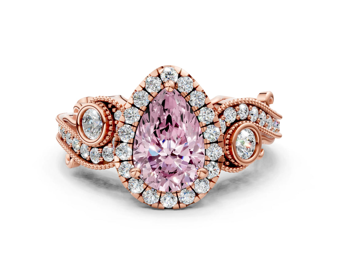 Rose gold Fancy Pink Pear Cut Diamond Halo Ring with Milgrain Pavé Band and Four-Prong Setting_53