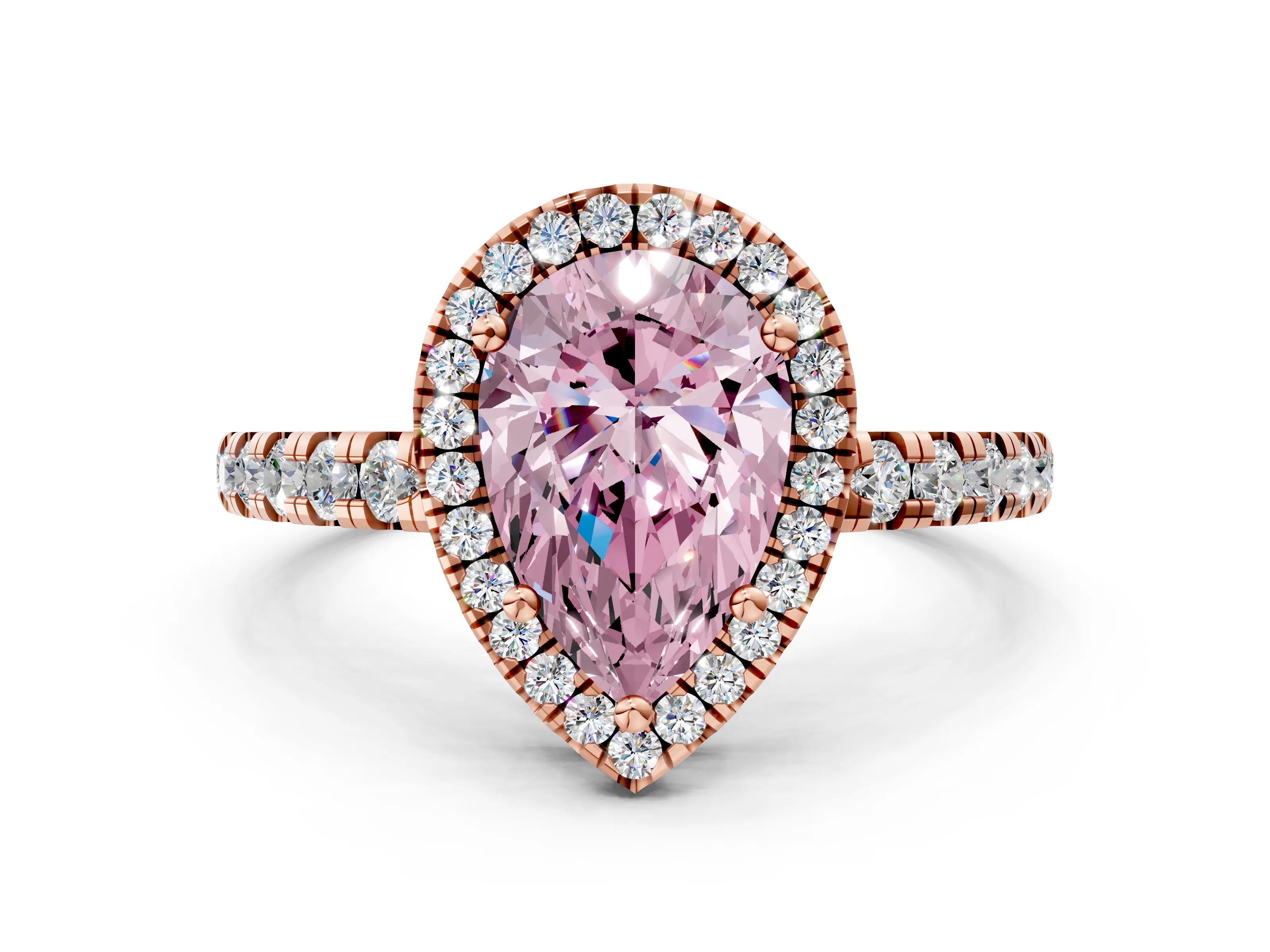 Rose gold Fancy Pink Pear Cut Diamond Halo Ring with Pavé Band and Four-Prong Setting