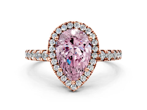 Rose gold Fancy Pink Pear Cut Diamond Halo Ring with Pavé Band and Four-Prong Setting