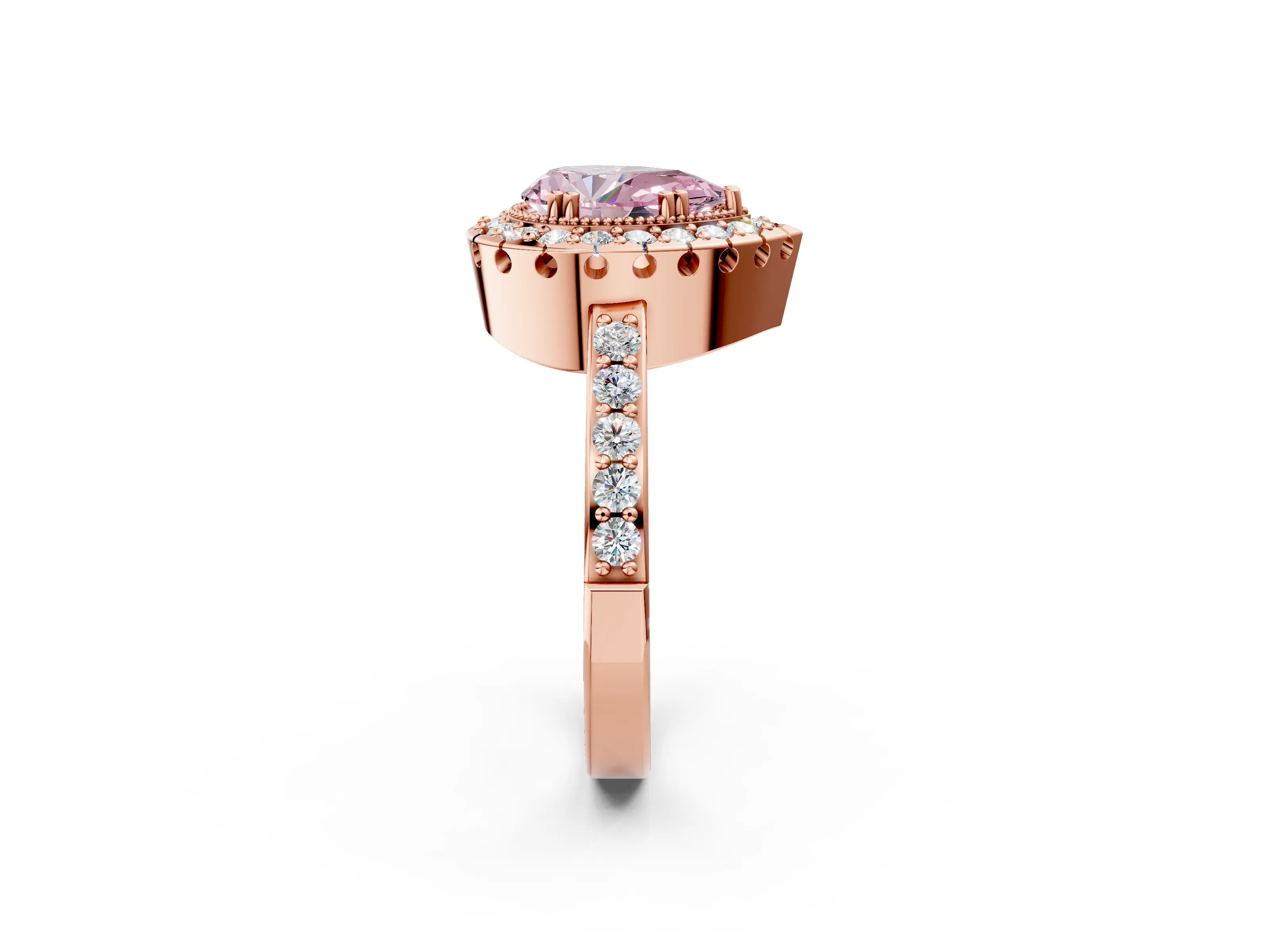 Rose gold Fancy Pink Pear Cut Diamond Halo Ring with Pavé Band and Prong Setting_2