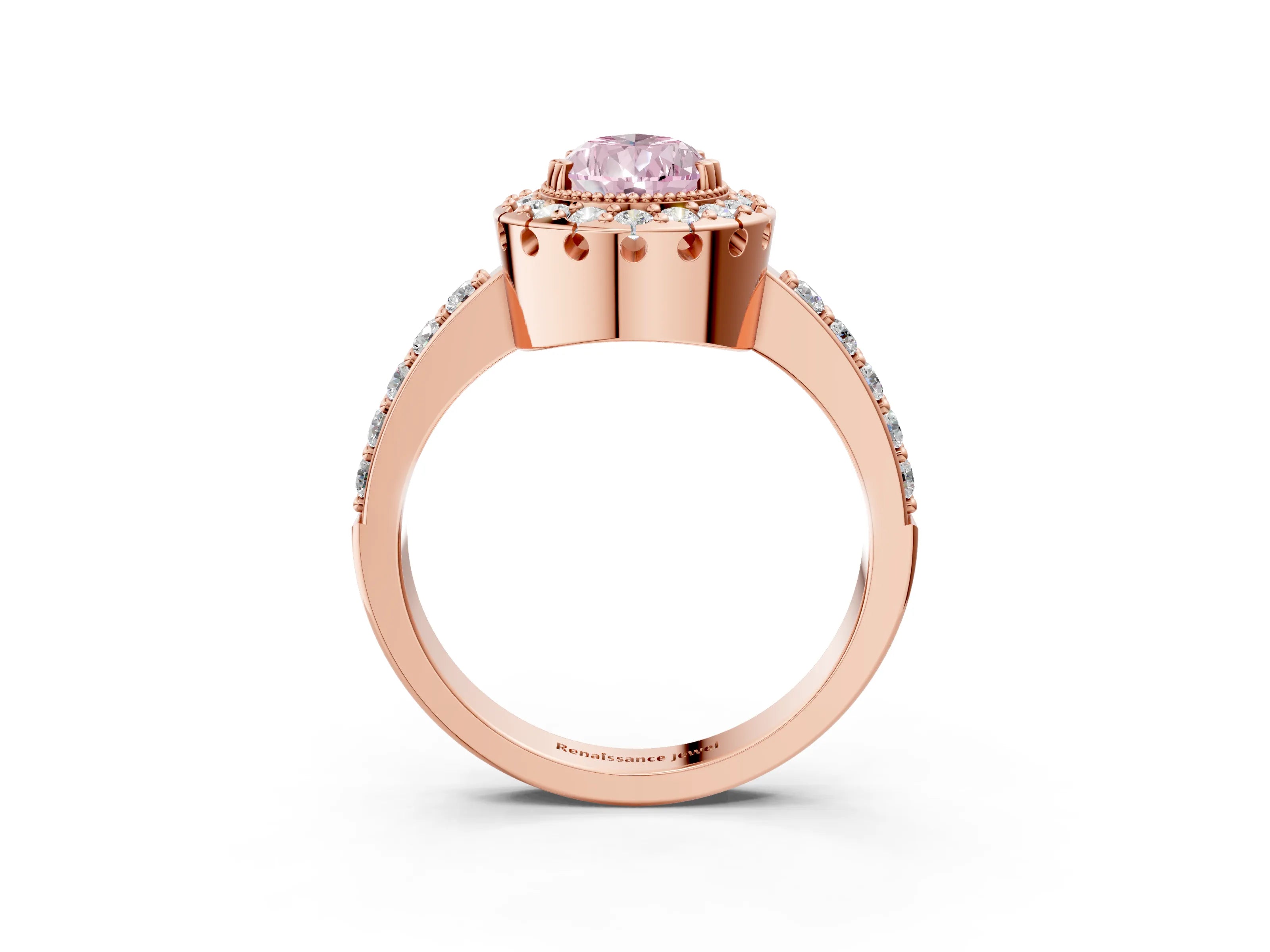 Rose gold Fancy Pink Pear Cut Diamond Halo Ring with Pavé Band and Prong Setting_3