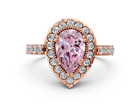 Rose gold Fancy Pink Pear Cut Diamond Halo Ring with Pavé Band and Prong Setting