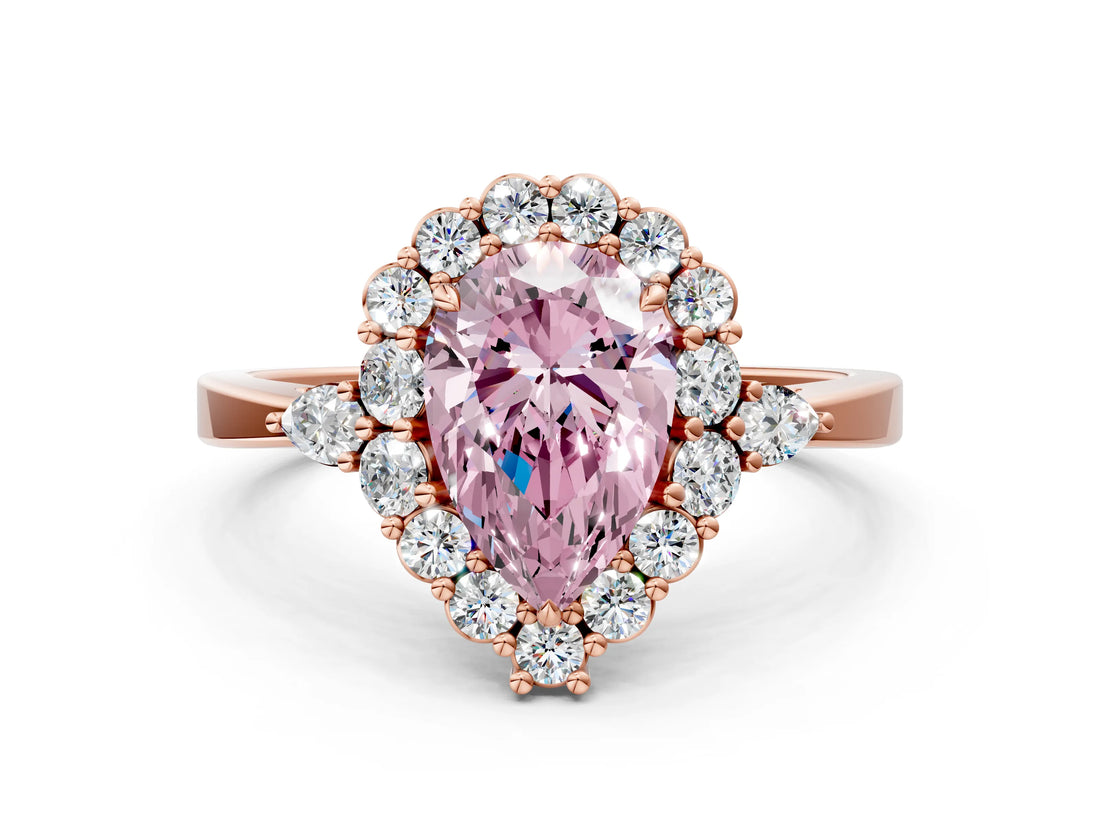 Rose gold Fancy Pink Pear Cut Diamond Halo Ring with Pear Side Stones and Prong Setting_51