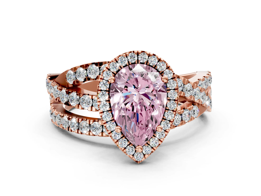 Rose gold Fancy Pink Pear Cut Diamond Halo Ring with Round Split Shank and Prong Setting_36
