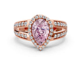 Rose gold Fancy Pink Pear Cut Diamond Halo Ring with Split Shank Pavé Band and Four-Prong Setting