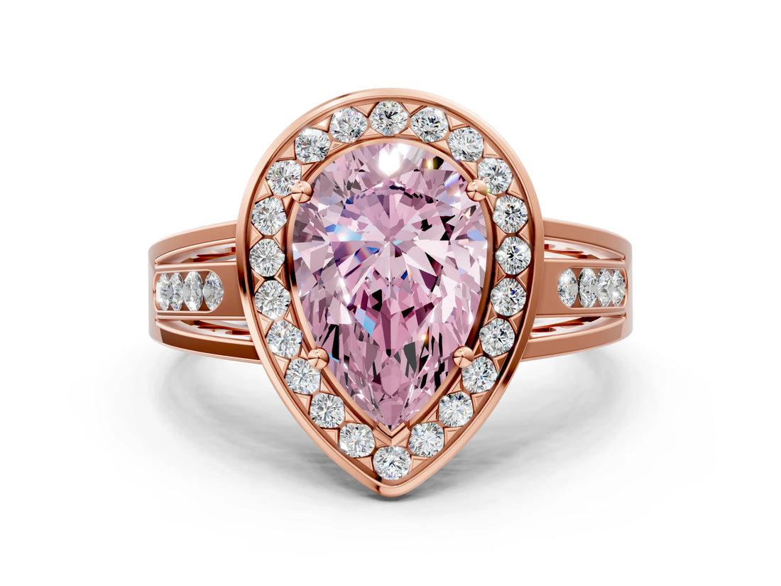 Rose gold Fancy Pink Pear Cut Diamond Halo Ring with Split Shank and Bezel Accents and Prong Setting