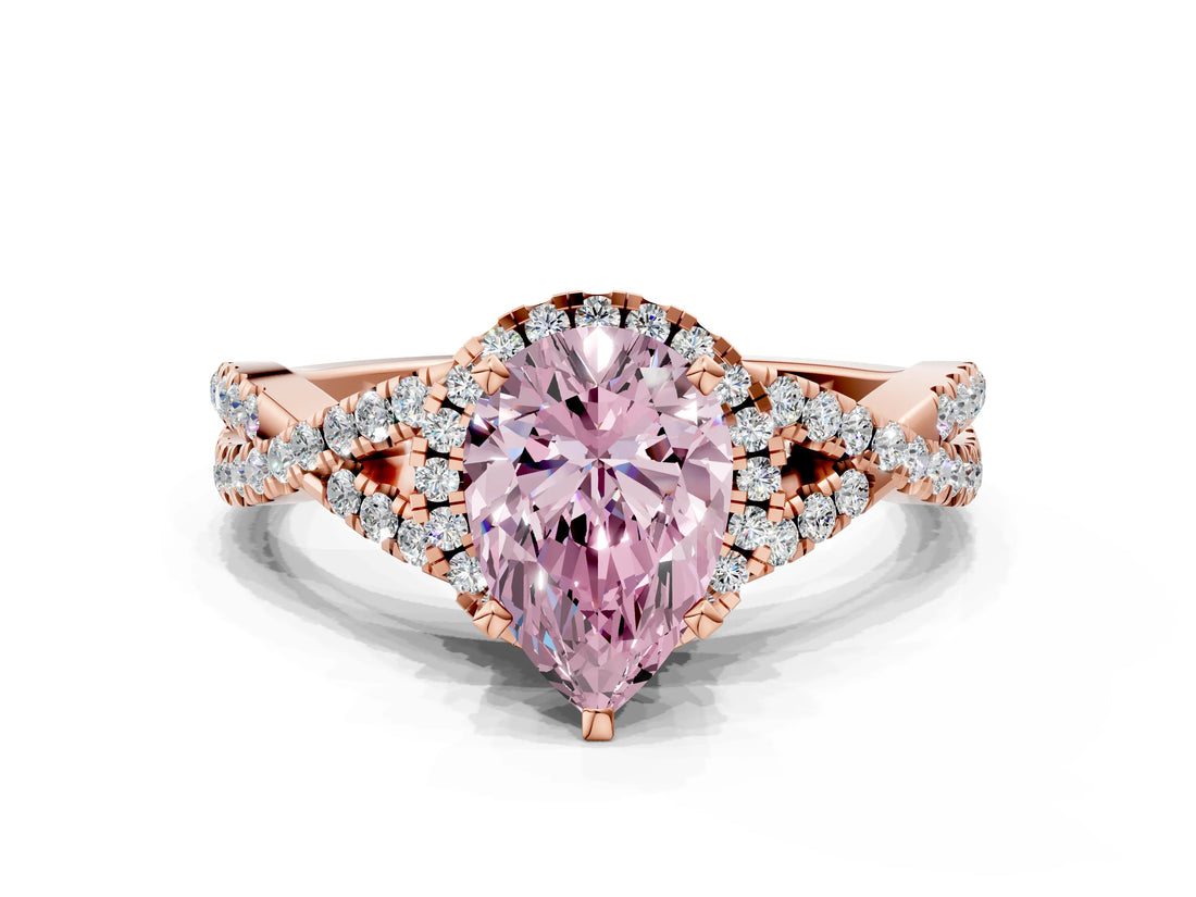 Rose gold Fancy Pink Pear Cut Diamond  Halo Twist Band Solitaire Prong Setting Ring_36